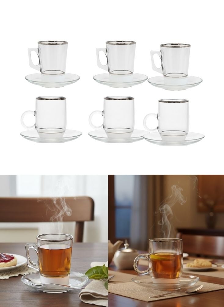 بريميم طقم فناجين شاي زجاجية فاخرة مع صحون مكوّن من ست قطع بحواف فضية - Image 1